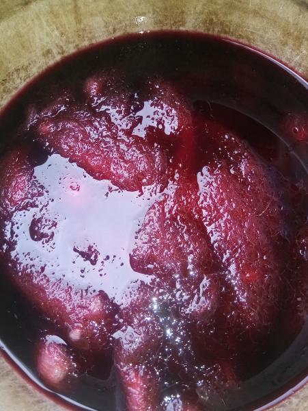 Barvení ovčí vlny přírodními surovinami. Ekoprinting